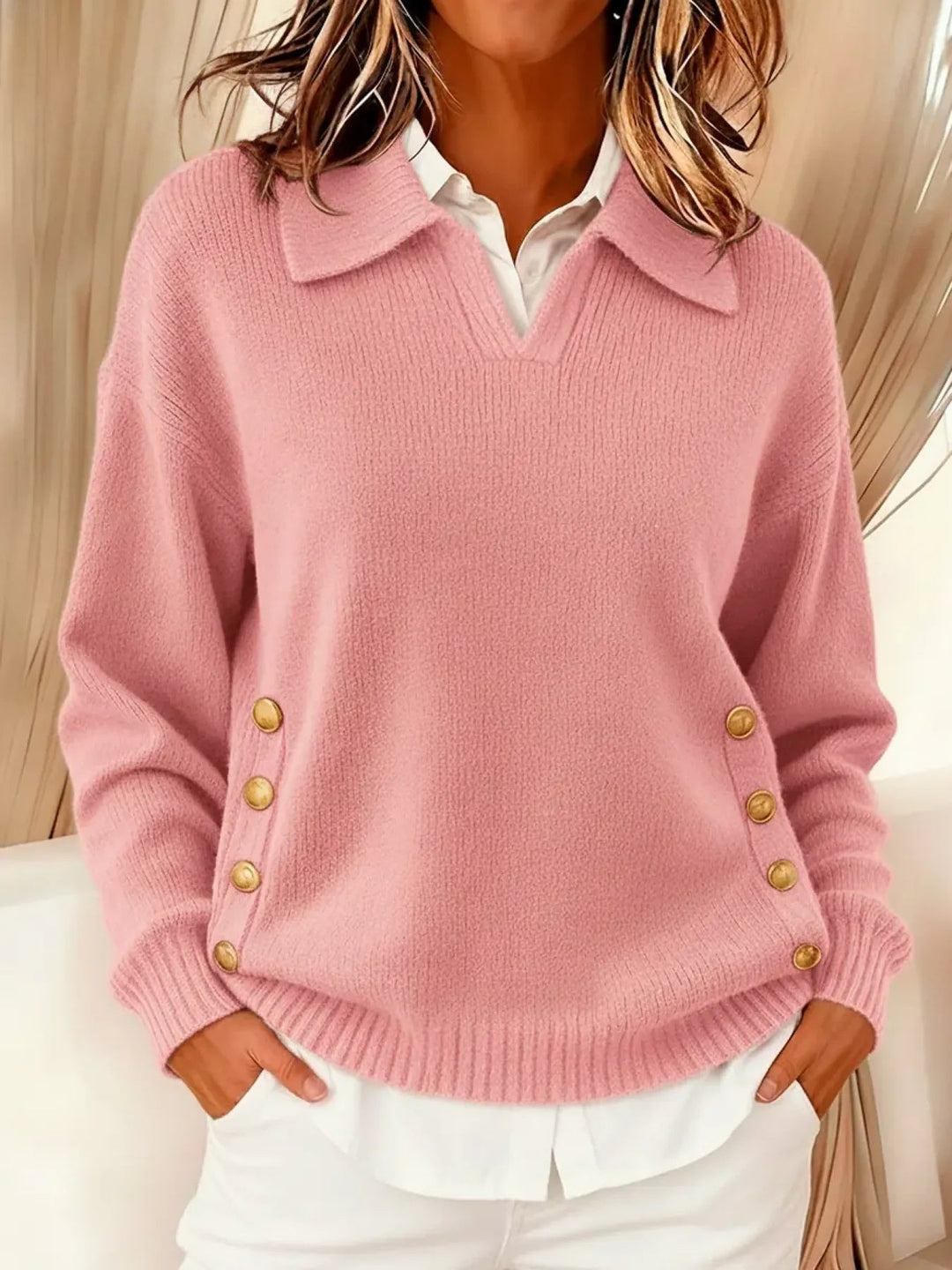 Rosario™ | Gold-Button V-Neck Sweater